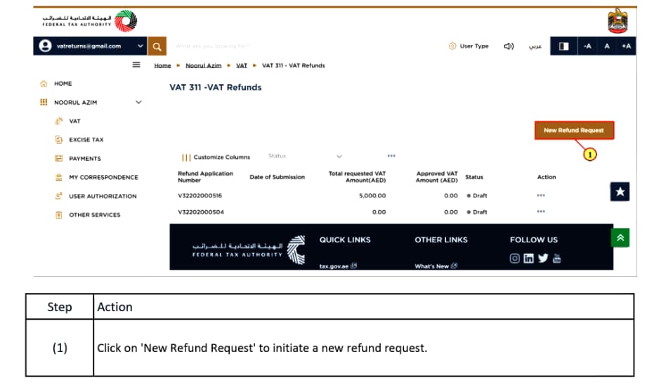 initiate vat refund by clicking new refund request button