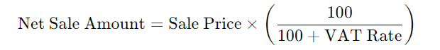 Net Sale Amount = Sale Price x (100/100+VAT Rate)