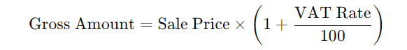 Gross Amount = Sale Price x (1+VAT Rate/100)