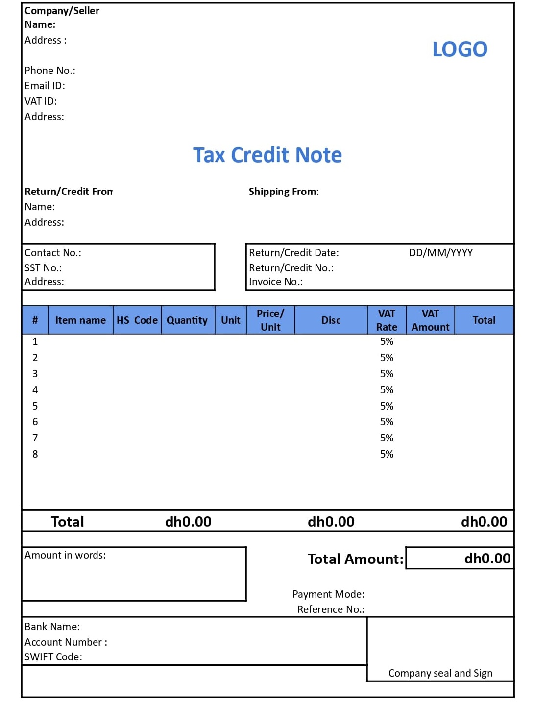 Credit Note Format